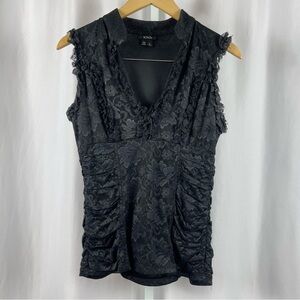 XOXO Y2K Large Lace Ruched Collared Blouse Tank Top Metallic Floral V Neck Goth